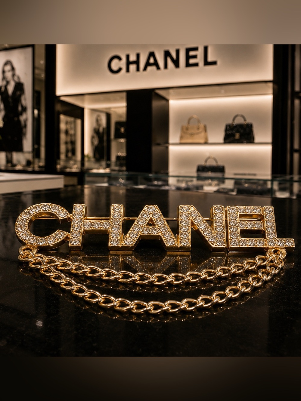 New Chanel-Inspired Crystal Logo Brooch Pin | Gold Chain Statement Glam Luxury - Picture 5 of 10